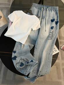 Franclia Matching Short Round Neck Raglan Sleeve T-Shirt + Straight Leg Pants With Side Pockets - White - View 2