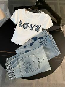 Franclia Matching Short Round Neck Raglan Sleeve T-Shirt + Straight Leg Pants With Side Pockets - White - View 3