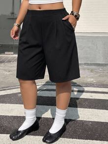 SHEIN CURVE+ 大尺碼女款純色休閒百搭日常短褲，黑色，休閒通勤百搭，適合梨形身材，夏季風格辦公牛仔風 - 黑色 - 查看 5