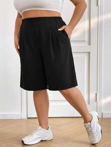 SHEIN CURVE+ 大尺碼女款純色休閒百搭日常短褲，黑色，休閒通勤百搭，適合梨形身材，夏季風格辦公牛仔風 - 黑色 - 查看 3