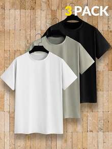 HIMLAND Men's Solid Color Crew Neck Casual Daily Short Sleeve T-Shirt 3pcs/Pack - Multicolor - View 1