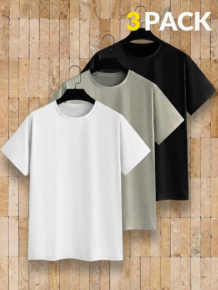 HIMLAND Men's Solid Color Crew Neck Casual Daily Short Sleeve T-Shirt 3pcs/Pack - Multicolor - View 1