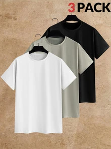 HIMLAND Men's Solid Color Crew Neck Casual Daily Short Sleeve T-Shirt 3pcs/Pack - Multicolor - View 12