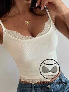 DAZY Lace Patchwork Padded Fitted Sleeveless Cropped Tank Top For Women - Beige - View 1
