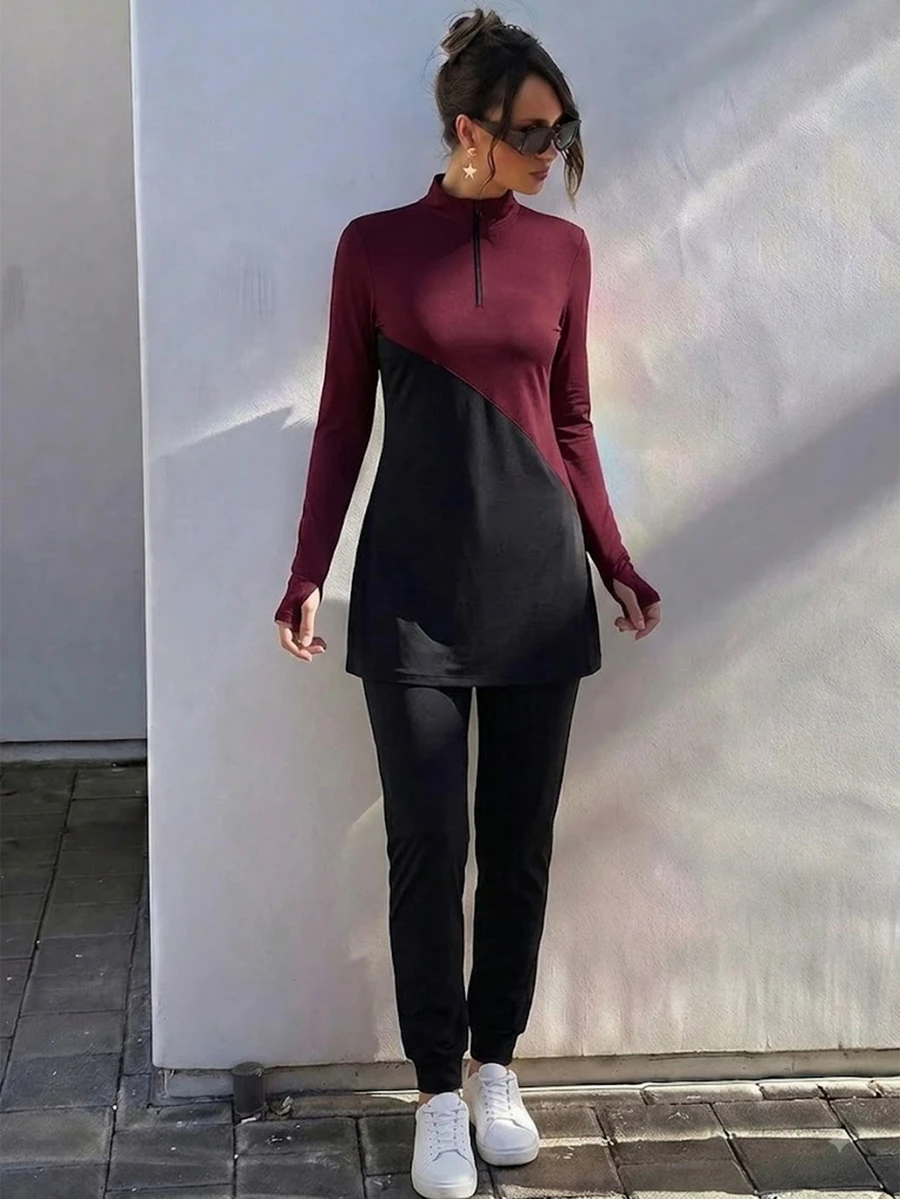 SHEIN Unity Women's Black & Deep Burgundy Colorblock Sports Set, Long Sleeve & Long Pants, Conservative Full Coverage, Loose Fit, Comfortable Elastic Fabric, Indoor & Outdoor Sports, Spring & Summer - Black - View 1