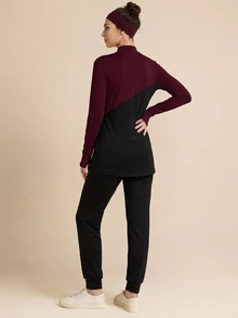 SHEIN Unity Women's Black & Deep Burgundy Colorblock Sports Set, Long Sleeve & Long Pants, Conservative Full Coverage, Loose Fit, Comfortable Elastic Fabric, Indoor & Outdoor Sports, Spring & Summer - Black - View 3