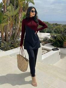 SHEIN Unity Women's Black & Deep Burgundy Colorblock Sports Set, Long Sleeve & Long Pants, Conservative Full Coverage, Loose Fit, Comfortable Elastic Fabric, Indoor & Outdoor Sports, Spring & Summer - Black - View 4