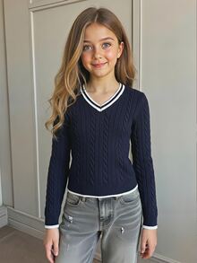 SHEIN 少女簡單純色V領長袖套頭毛衣，休閒日常穿著，秋冬長袖上衣，學院風V領長袖毛衣，復古V領毛衣，返校穿搭 - 藏蓝色 - 查看 2