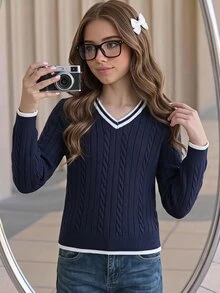SHEIN 少女簡單純色V領長袖套頭毛衣，休閒日常穿著，秋冬長袖上衣，學院風V領長袖毛衣，復古V領毛衣，返校穿搭 - 藏蓝色 - 查看 5
