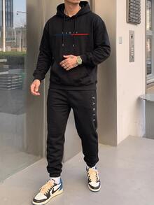 Manfinity Homme Men Letter Graphic Drawstring Hoodie & Sweatpants, Men Hoodie And Sweatpants Set, Men Jogging Outfit, Manfinity Hoodie And Pants - Black - View 3