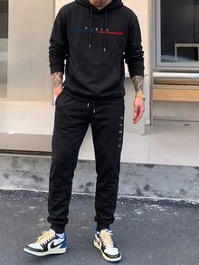Manfinity Homme Men Letter Graphic Drawstring Hoodie & Sweatpants, Men Hoodie And Sweatpants Set, Men Jogging Outfit, Manfinity Hoodie And Pants - Black - View 4
