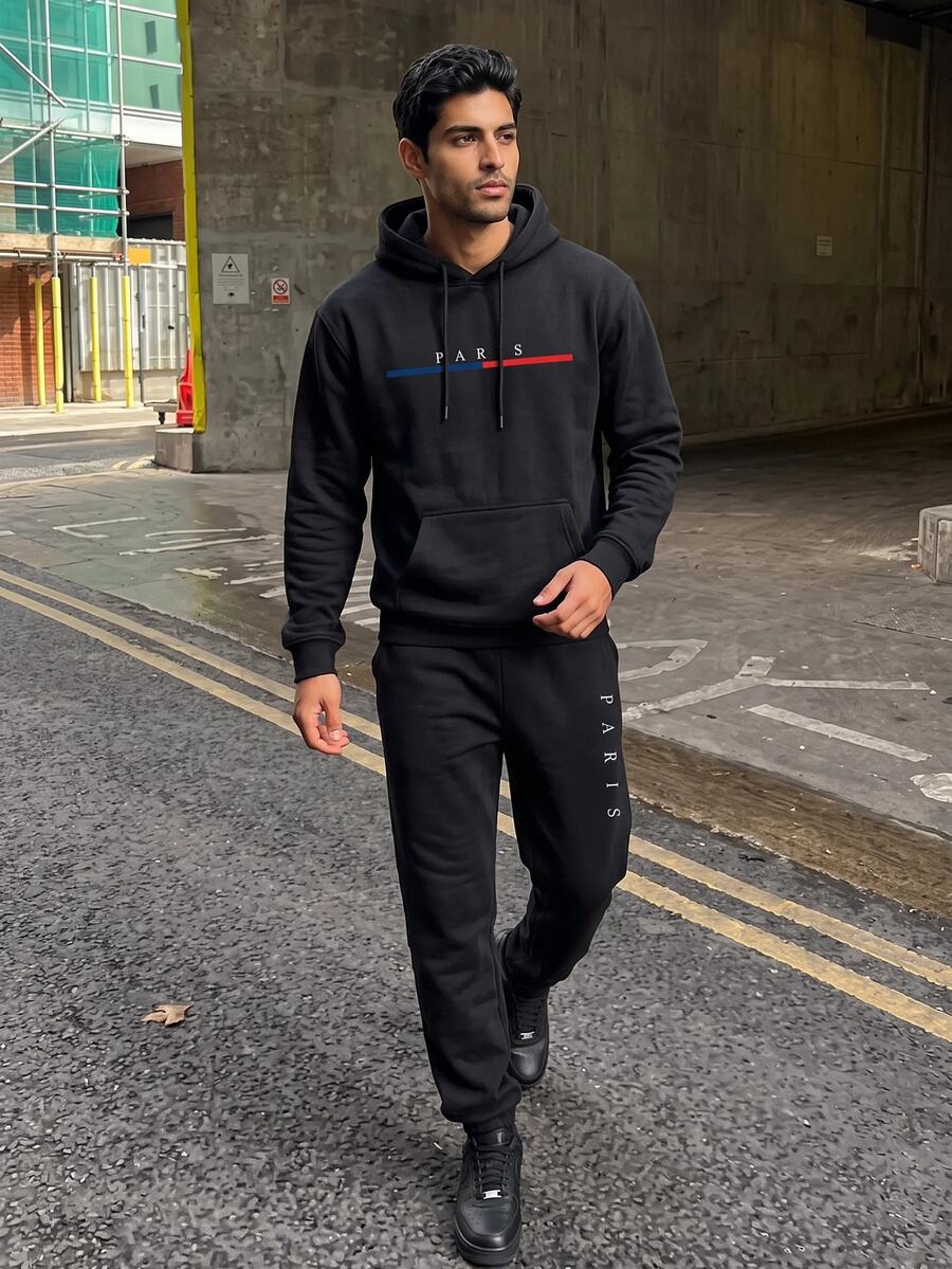 Manfinity Homme Men Letter Graphic Drawstring Hoodie & Sweatpants, Men Hoodie And Sweatpants Set, Men Jogging Outfit, Manfinity Hoodie And Pants - Black - View 1
