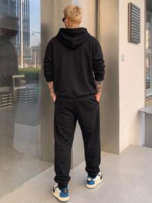 Manfinity Homme Men Letter Graphic Drawstring Hoodie & Sweatpants, Men Hoodie And Sweatpants Set, Men Jogging Outfit, Manfinity Hoodie And Pants - Black - View 2
