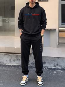 Manfinity Homme Men Letter Graphic Drawstring Hoodie & Sweatpants, Men Hoodie And Sweatpants Set, Men Jogging Outfit, Manfinity Hoodie And Pants - Black - View 5