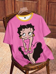 Betty Boop x SHEIN 女款卡通印花休閒日常短袖T恤 - 白色 - 查看 1