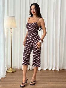 SHEIN PETITE Women's Polka Dot Print Spaghetti Strap Jumpsuit - Brown - View 3