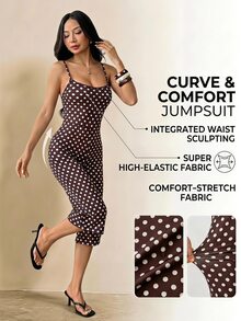 SHEIN PETITE Women's Polka Dot Print Spaghetti Strap Jumpsuit - Brown - View 1
