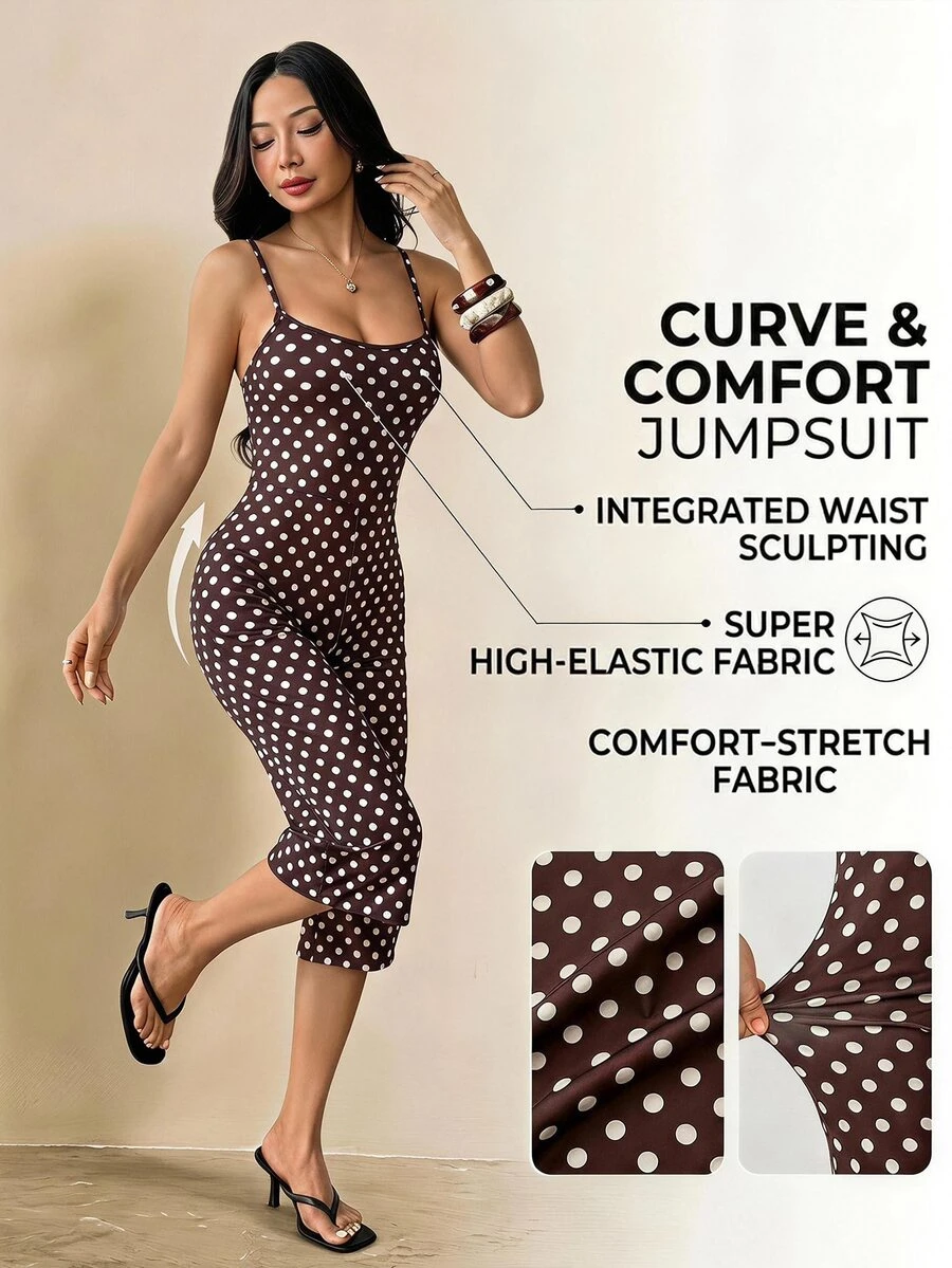 SHEIN PETITE Women's Polka Dot Print Spaghetti Strap Jumpsuit - Brown - View 1