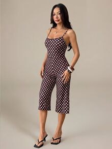 SHEIN PETITE Women's Polka Dot Print Spaghetti Strap Jumpsuit - Brown - View 11