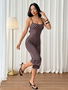 SHEIN PETITE Women's Polka Dot Print Spaghetti Strap Jumpsuit - Brown - View 8