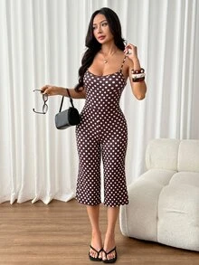 SHEIN PETITE Women's Polka Dot Print Spaghetti Strap Jumpsuit - Brown - View 6