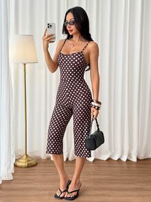 SHEIN PETITE Women's Polka Dot Print Spaghetti Strap Jumpsuit - Brown - View 7