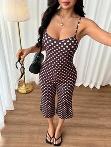 SHEIN PETITE Women's Polka Dot Print Spaghetti Strap Jumpsuit - Brown - View 4