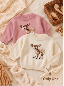 SHEIN 女嬰秋冬休閒鹿圖案毛衣 - 白色 - 查看 1