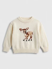 SHEIN 女嬰秋冬休閒鹿圖案毛衣 - 白色 - 查看 4