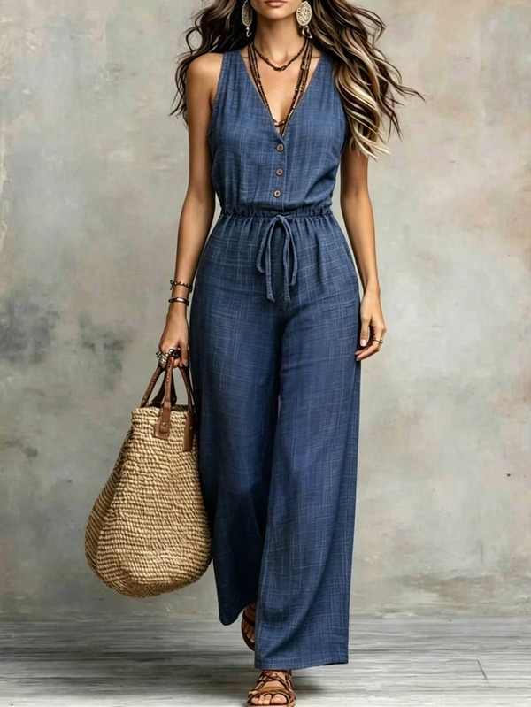 SHEIN Latest Women's Casual Blue V-Neck Sleeveless Wide Leg Jumpsuit, Featuring Front Button + Waist Drawstring Design, Loose Drapey Wide Leg Pants, Textured Fabric With Refreshing Feel, Ideal For Summer Outings And Daily Casual Wear, Women's Blue V-Neck Sleeveless Jumpsuit, Front Button Drawstring Waist Wide Leg Pants, Casual Style Jumpsuit, Versatile Summer Outing Jumpsuit, Slimming Drapey Sleeveless Jumpsuit, Minimalist Loose Wide Leg Jumpsuit