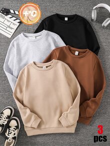 SHEIN 4件組兒童青少年男孩休閒運動學院風多功能純色保暖內裡長袖衛衣，適合通勤、上學、日常休閒外出與運動，秋冬款 - 彩色 - 查看 3