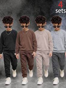 SHEIN 4件組兒童青少年男孩休閒運動學院風多功能純色保暖內裡長袖衛衣，適合通勤、上學、日常休閒外出與運動，秋冬款 - 彩色 - 查看 4
