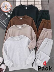 SHEIN 4件組兒童青少年男孩休閒運動學院風多功能純色保暖內裡長袖衛衣，適合通勤、上學、日常休閒外出與運動，秋冬款 - 彩色 - 查看 5