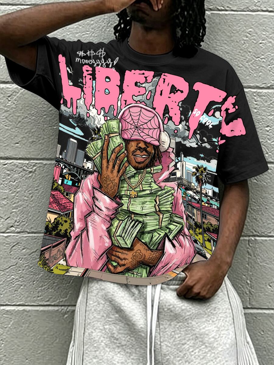 GENIUS ODE 男士美式街頭風短版T恤,黑色底色 + 粉色「Liberty」嘻哈角色與鈔票印花,Y2K復古短袖上衣,圓領休閒款,適合派對、演唱會、外出 - 彩色 - 查看 1