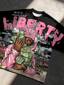 GENIUS ODE 男士美式街頭風短版T恤，黑色底色 + 粉色「Liberty」嘻哈角色與鈔票印花，Y2K復古短袖上衣，圓領休閒款，適合派對、演唱會、外出 - 彩色 - 查看 3