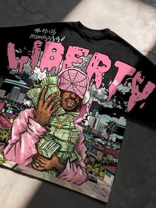 GENIUS ODE 男士美式街頭風短版T恤，黑色底色 + 粉色「Liberty」嘻哈角色與鈔票印花，Y2K復古短袖上衣，圓領休閒款，適合派對、演唱會、外出 - 彩色 - 查看 2