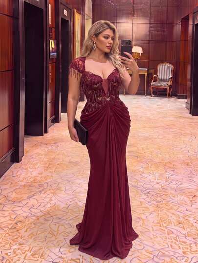 Glamrae Plus Size Elegant Romantic Sexy Burgundy Tassel Sequin Patchwork Elastic Mesh Fabric Deep V Pleated Design Mermaid Tail Train Long Dress Suitable For Ball, Wedding, Birthday Party, Formal Evening Event