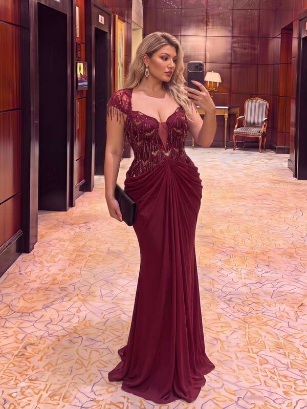 Glamrae Plus Size Elegant Romantic Sexy Burgundy Tassel Sequin Patchwork Elastic Mesh Fabric Deep V Pleated Design Mermaid Tail Train Long Dress Suitable For Ball, Wedding, Birthday Party, Formal Evening Event