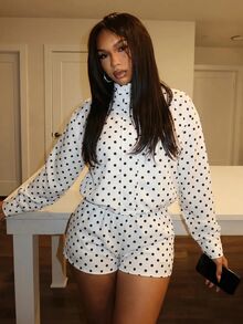 Slaydiva 秋冬女款波點兩件式套裝:風衣外套與短褲 - A - 黑與白 - 查看 4