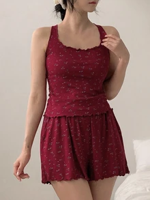 DAZY 2pcs Women Ditsy Floral Knit Comfy Pajama Set - Burgundy - View 4