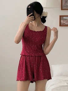 DAZY 2pcs Women Ditsy Floral Knit Comfy Pajama Set - Burgundy - View 5
