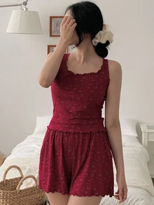 DAZY 2pcs Women Ditsy Floral Knit Comfy Pajama Set - Burgundy - View 7
