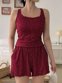DAZY 2pcs Women Ditsy Floral Knit Comfy Pajama Set - Burgundy - View 9