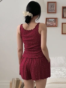 DAZY 2pcs Women Ditsy Floral Knit Comfy Pajama Set - Burgundy - View 2