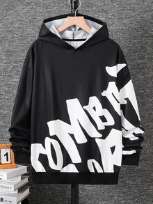 SHEIN 青少年男孩休閒日常百搭舒適印花螢光字母圖案連帽寬鬆黑色長袖秋季衛衣返校穿搭 - 黑色 - 查看 4