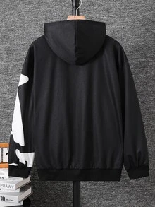 SHEIN 青少年男孩休閒日常百搭舒適印花螢光字母圖案連帽寬鬆黑色長袖秋季衛衣返校穿搭 - 黑色 - 查看 3