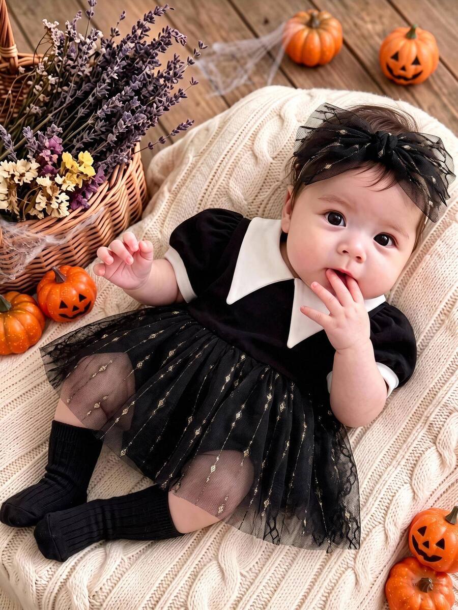 SHEIN Baju Terusan Bayi Perempuan Rajut Warna Blok Kerah Peter Pan Lengan Mengembang Motif Jala Kasual, Baju Terusan Jala Hitam Halloween - Hitam - View 1