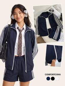 Comfortcana 女士条纹长袖拉链外套和短裤休闲两件套 - 藏蓝色 - 查看 6