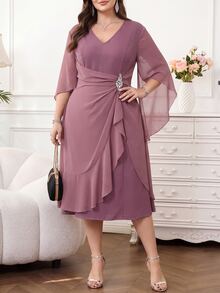 SHEIN Clasi Plus Size Women's Solid Color V-Neck Rhinestone Decorated Elegant Party Formal Wedding Guest Formal Wedding Dress White Sequin Sequin Autumn Fall - Navy Blue - View 8