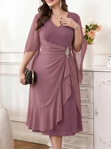 SHEIN Clasi Plus Size Women's Solid Color V-Neck Rhinestone Decorated Elegant Party Formal Wedding Guest Formal Wedding Dress White Sequin Sequin Autumn Fall - Navy Blue - View 7